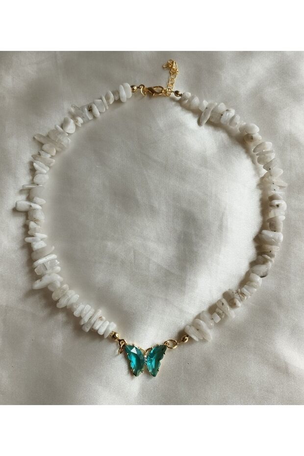 Natural Broken Moonstone Pendant with Blue Glass Butterfly