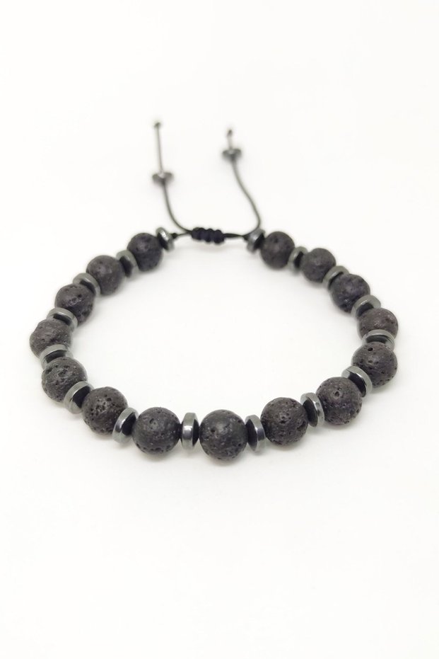 Rondela Hematite Lava Stone Natural Stone Macrame Braided Unisex Adjustable Bracelet