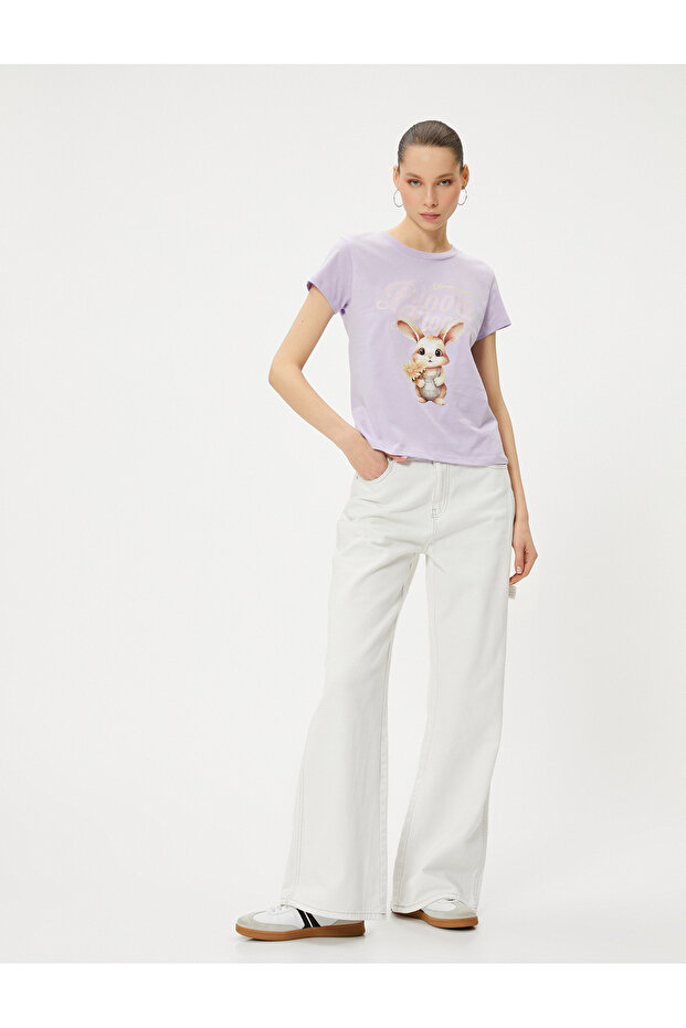 Rabbit Printed T-Shirt Short Sleeve Crew Neck Cotton