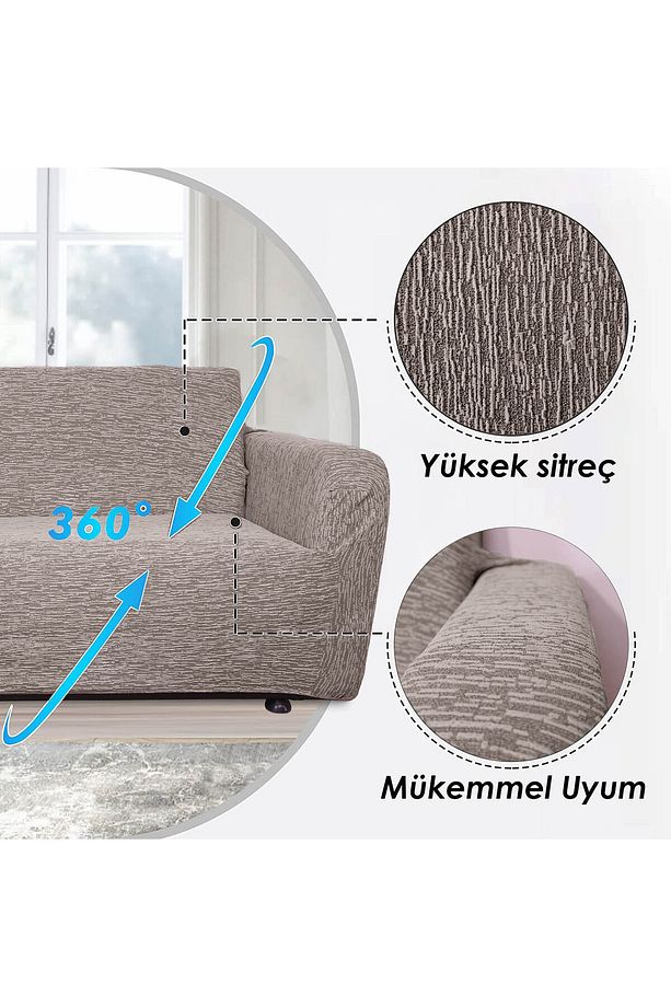 Jakarlı Düz Desen Likralı Esnek Yikanabilir Koltuk Örtüsü 3+3+1+1 Koltuk Takımı - 3