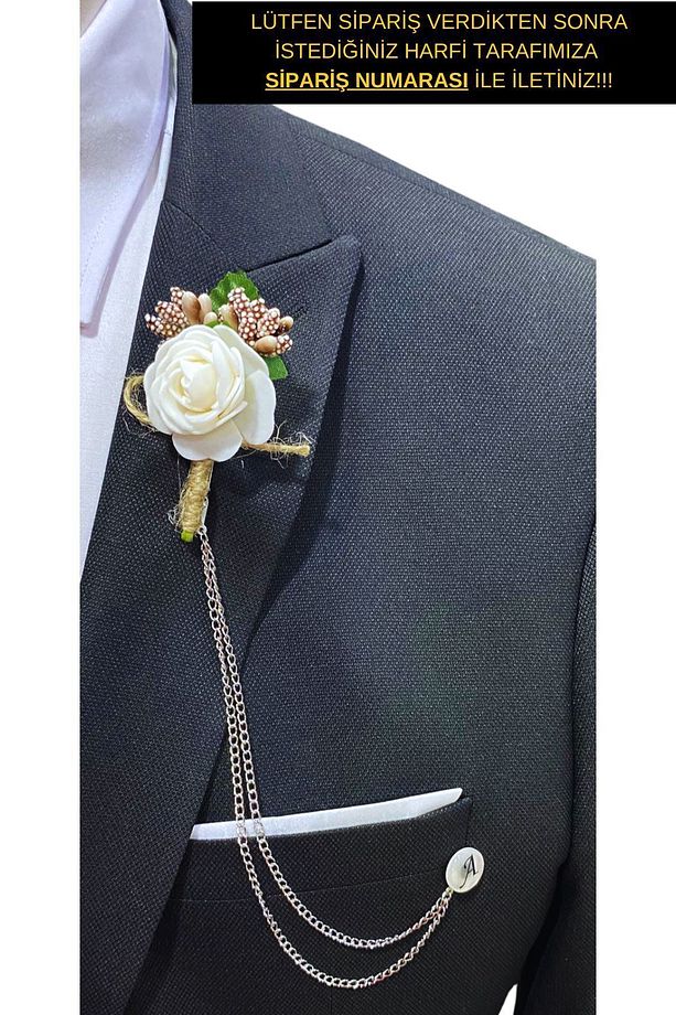 Beyaz Renk Zincirli Damat Yaka Çiçeği ( Kişiselleştirilmiş Harf Seçeneği İle) - 1