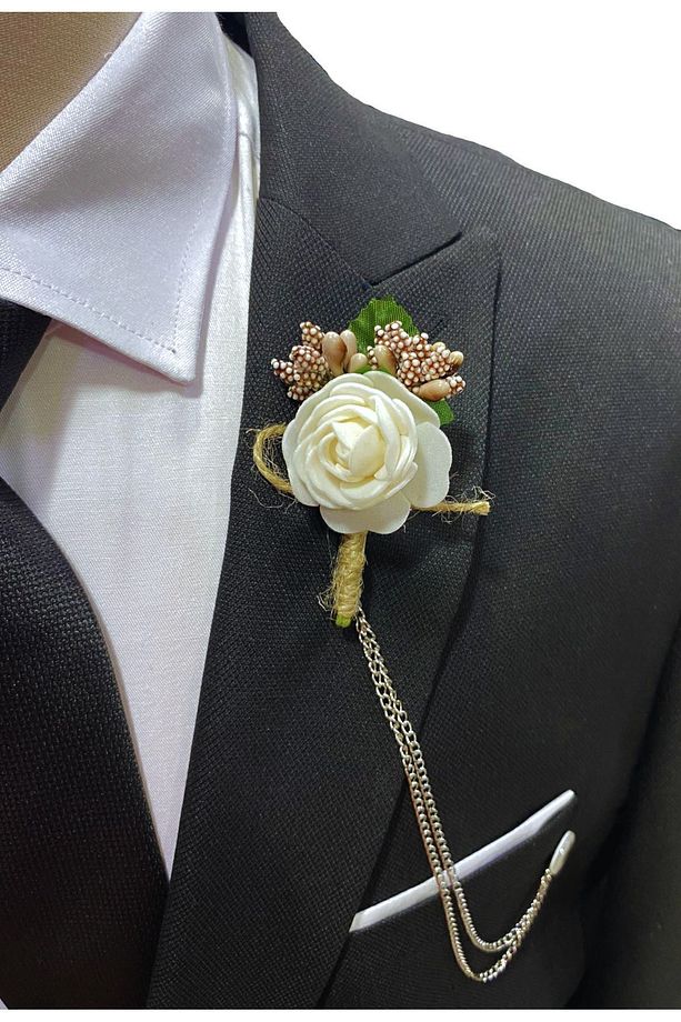 Beyaz Renk Zincirli Damat Yaka Çiçeği ( Kişiselleştirilmiş Harf Seçeneği İle) - 8