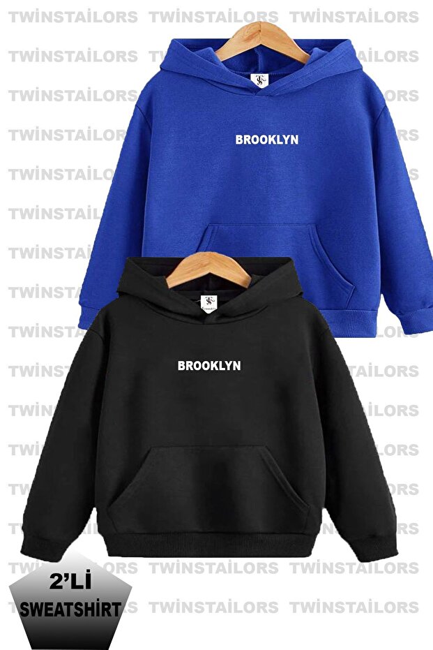 Brooklyn Printed Unisex Double Pack Black-Sax Blue Hooded Kids Sweatshirt Hoodie