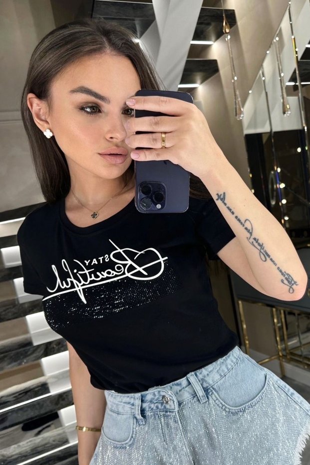 Plus Size Beautiful Lettered Crystal Stone Short Sleeve Crew Neck Stylish Cotton Black Women's T-Shirt