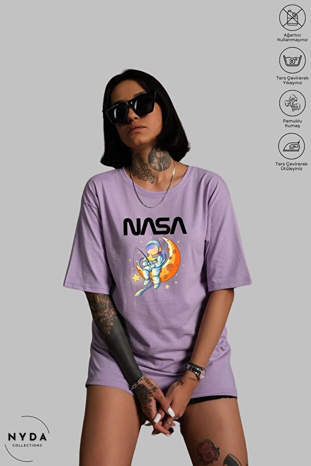 Unisex Crew Neck Nasa Space Printed Cotton Oversize Short Sleeve T-Shirt
