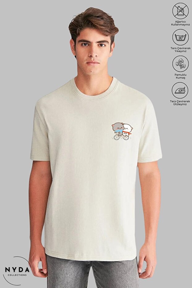 Unisex Crew Neck Bubu Dudu Bicycle Printed Cotton Oversize Short Sleeve T-Shirt