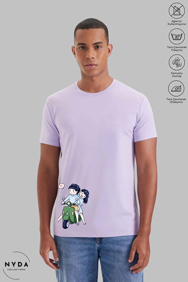 Unisex Crew Neck Motor Couple Printed Cotton Oversized Short Sleeve T-Shirt