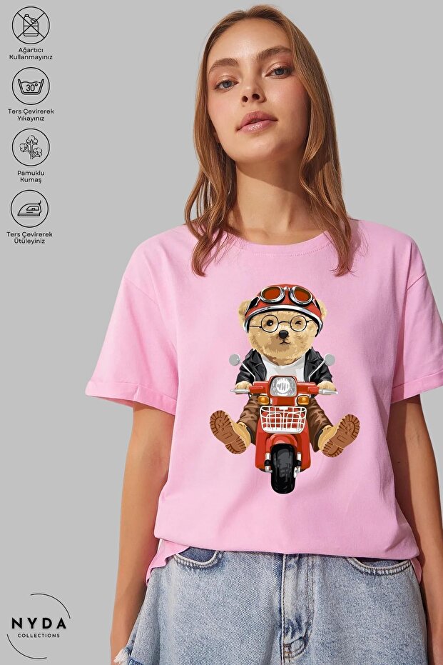 Unisex Crew Neck Motor Teddy Bear Printed Cotton Oversize Short Sleeve T-Shirt