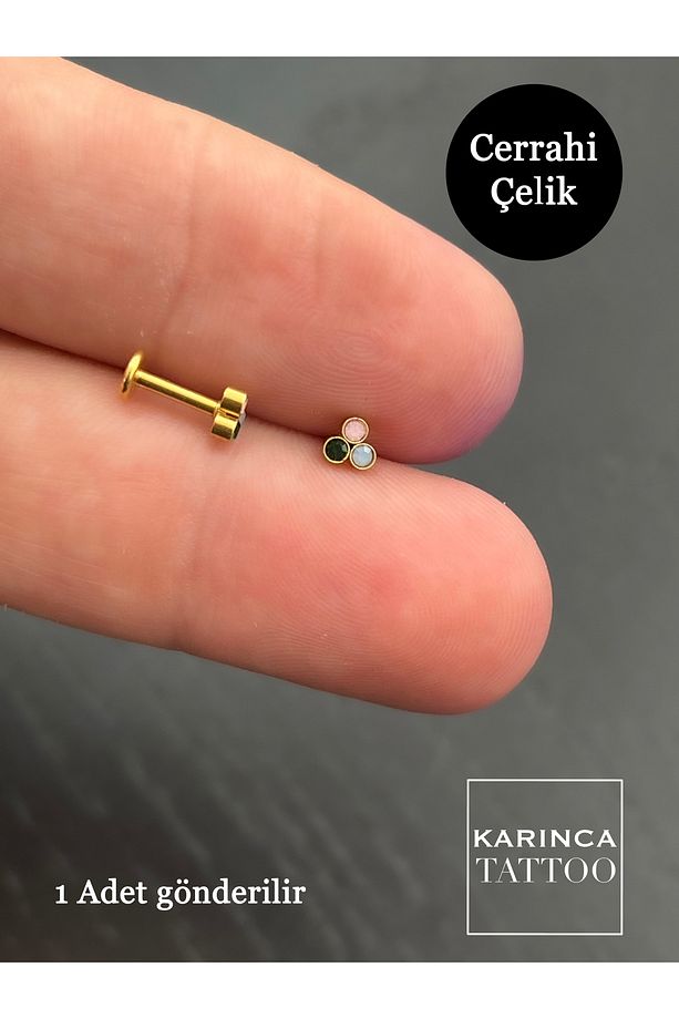 Üç Taşlı Piercing Flat Conch Forward Helix Kıkırdak Nostril Burun Tragus Piercing Küpe - 2