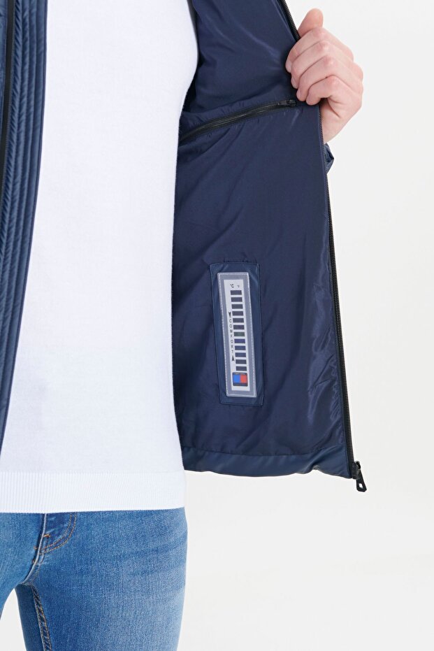 Erkek Lacivert Sıcak Tutan Termometreli Standart Fit Normal Kesim Cepli Dik Yaka Mont - 5