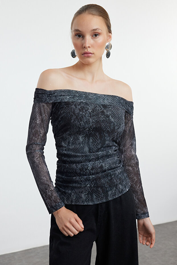 Anthracite Printed Tulle Boat Neck Fitted/Flex Knit Blouse Twoaw25Bz00119