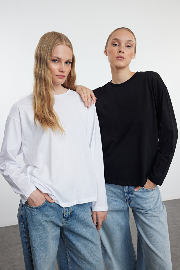 Siyah-Beyaz 2'li Paket %100 Süprem Oversize/Geniş Kesim Örme T-Shirt TWOAW25TS00004 - 1