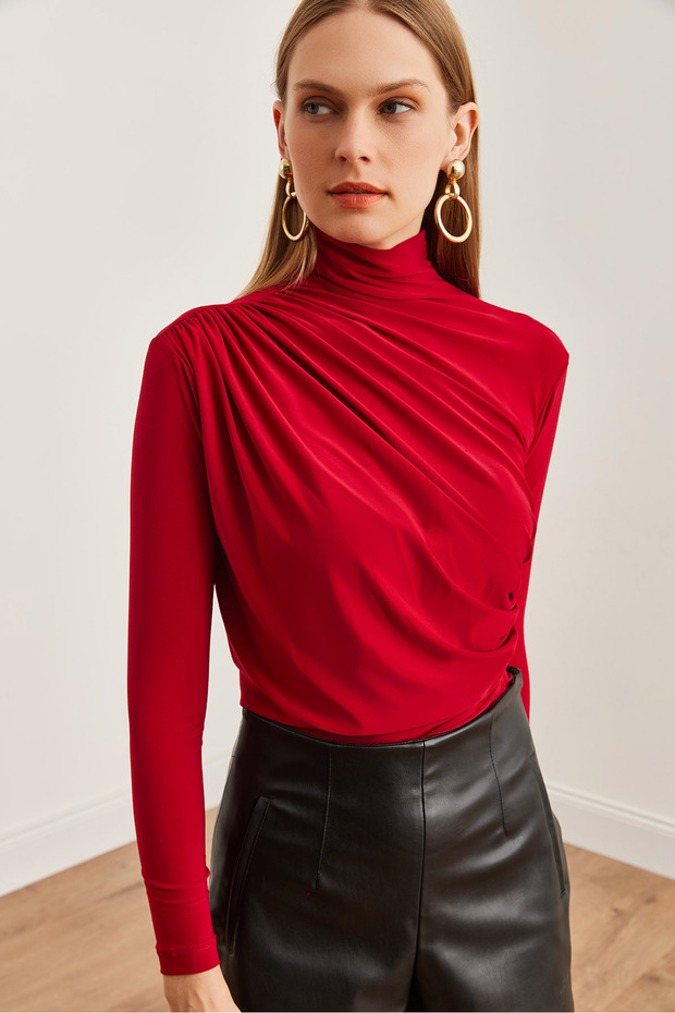 Women's Burgundy Draped Detailed Flowy Stylish Blouse Blz- 19002712