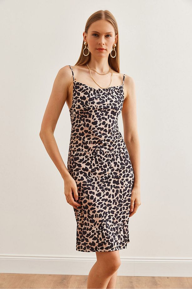 Kadın Leopar Bej Askısı Ayarlanabilir Esnek Örme Mini Elbise ELB-19002247 - 4