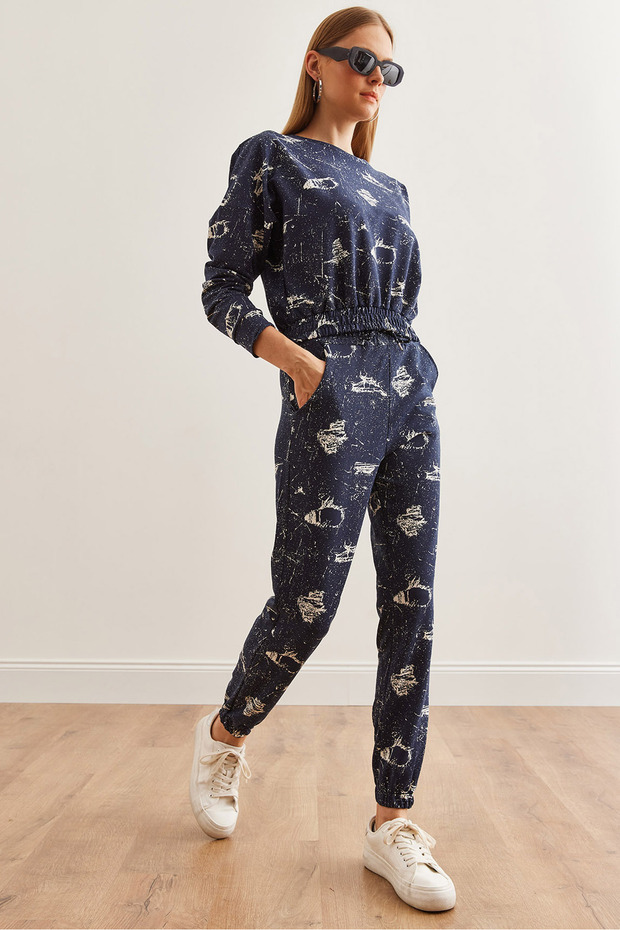Women's Navy Printed Crop Sweatshirt Tracksuit Set Etkm- 0000066