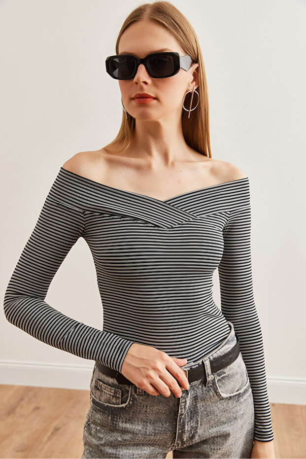 Black Striped Women's Blouse - Collar Detail, Blz- 19002715