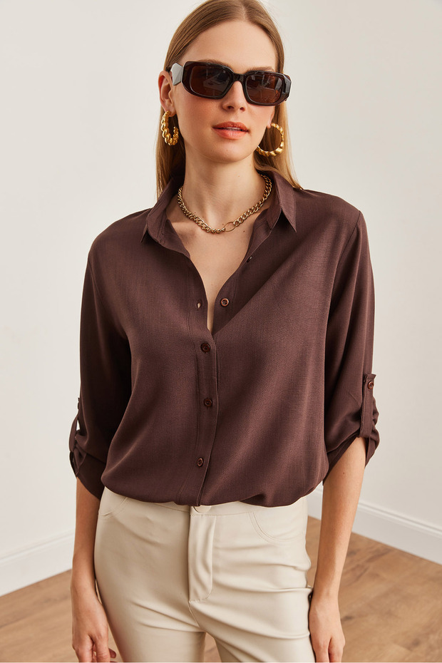 Women's Brown Linen Shirt with Folded Sleeves GML-19000825