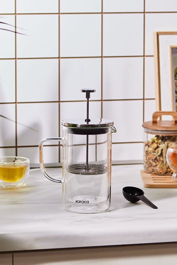 Pia Double Walled Borosilicate Glass Metallic French Press with Spoon Gift 600 ml