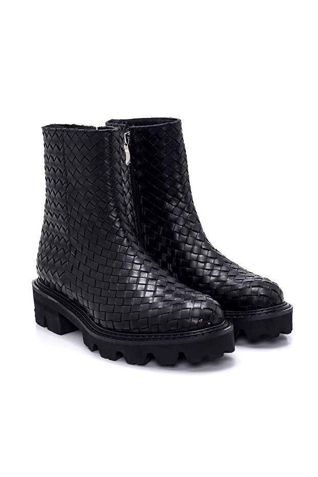 Feny Siyah Deri Kadın Düz Bot - 2