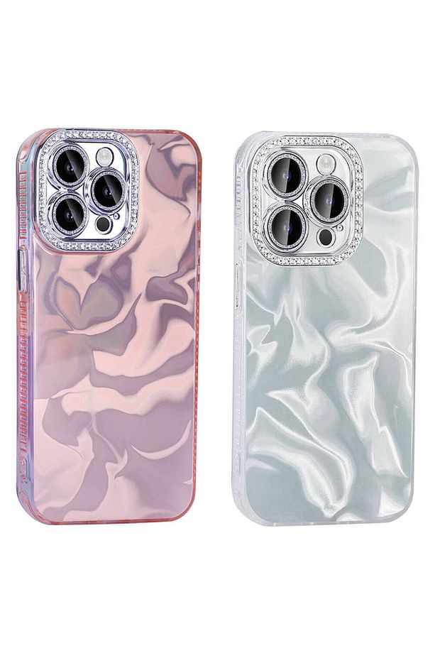 İphone 14 Pro Max Kılıf Kristal Elmas Taşlı Dalgalı Parlak Simli Silikon Lens Çercevesi Parıltılı - 6