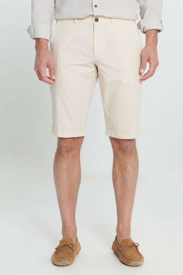 Erkek Ekru Slim Fit Dar Kesim %100 Pamuk Yan Cep Şort - 2