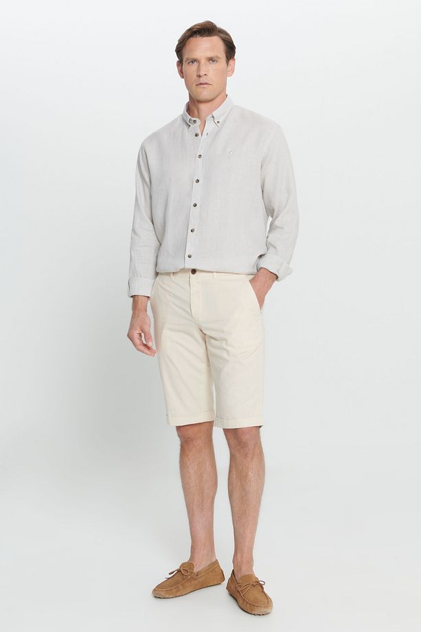 Erkek Ekru Slim Fit Dar Kesim %100 Pamuk Yan Cep Şort - 3