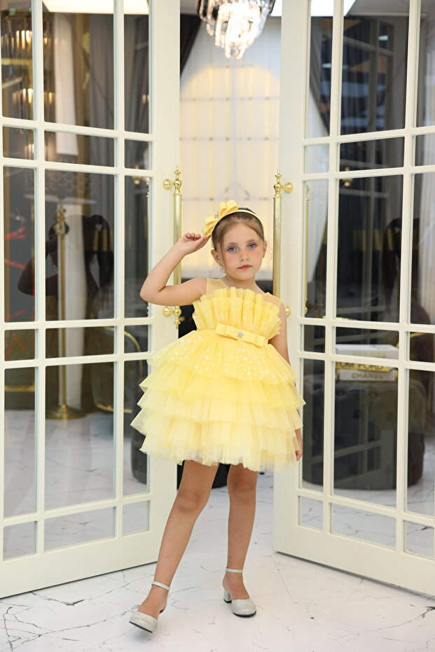Kat Kat Ruffled Star Printed Mini Girls' Evening Dress with Bow Detail - with Accessory Gift