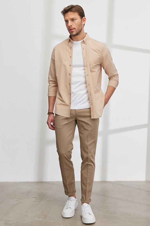 Men's Beige Slim Fit Slim Fit Side Pocket Cotton Flexible Dobby Trousers