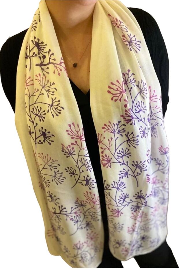 Cotton White Floral Patterned Shawl Scarf - Handmade