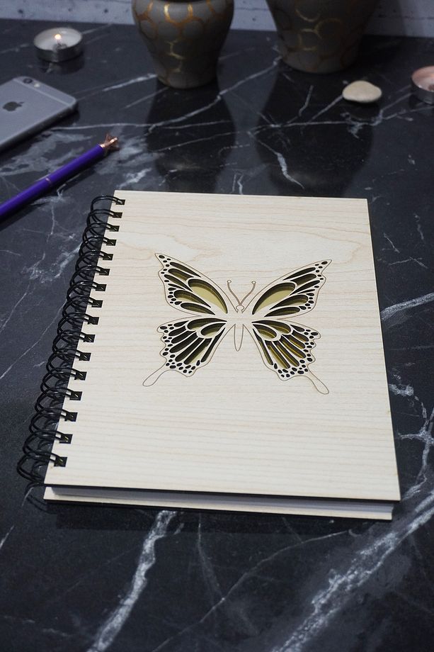 Kelebek Desenli Ahşap Defter-ajanda-günlük-çizgisiz Defter A5 Notebook Hediyelik - 3