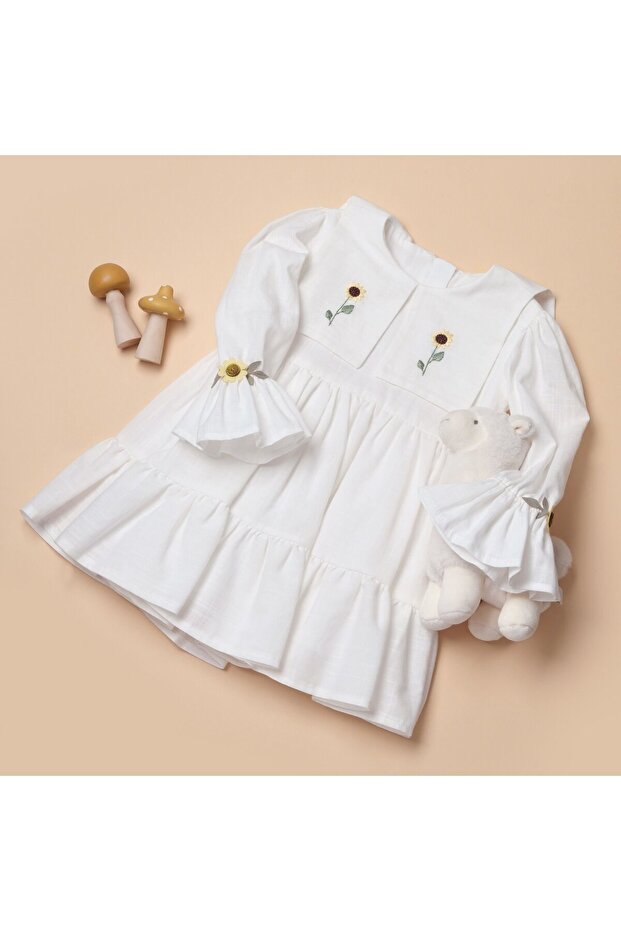 Girl's White Floral Embroidered Cotton Linen Dress