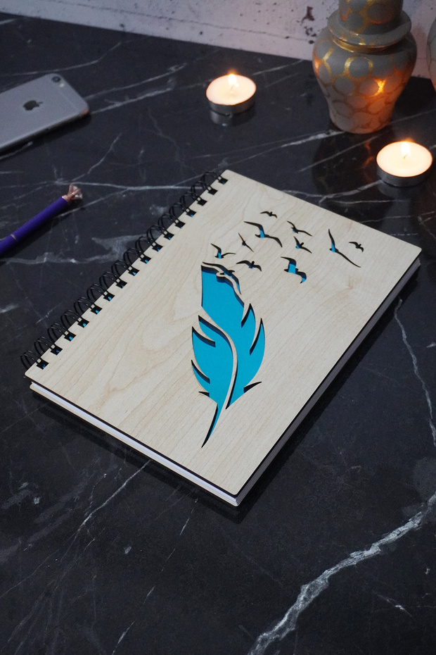 Wooden Notebook - Bird Feather Pattern, Agenda and Daily Use, Unlined - A5 Notebook, School Notebook - 1