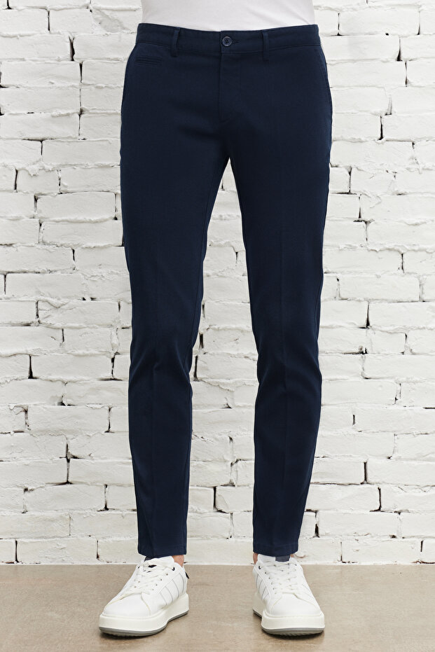 Men's Navy Blue Slim Fit Slim Fit Side Pocket Cotton Flexible Dobby Trousers