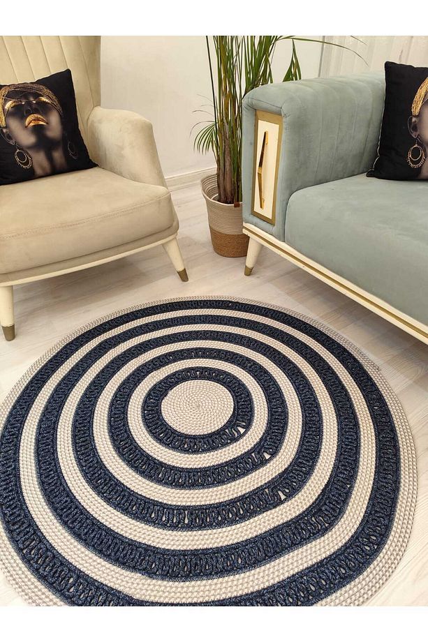 jüt Hasır görünümlü Desenli Modern El Örgüsü Daire Halı Kilim - 3