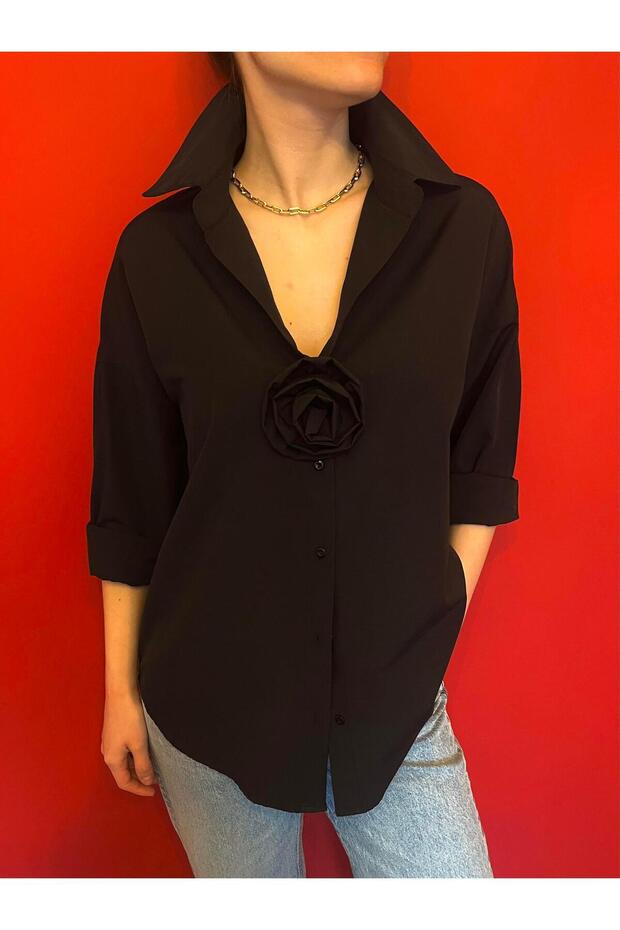 Oversize Uzun Basic Gül Aksesuarlı Gömlek Siyah - 1