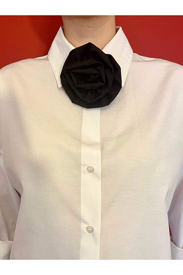 Oversize Uzun Basic Gül Aksesuarlı Gömlek Beyaz - 3