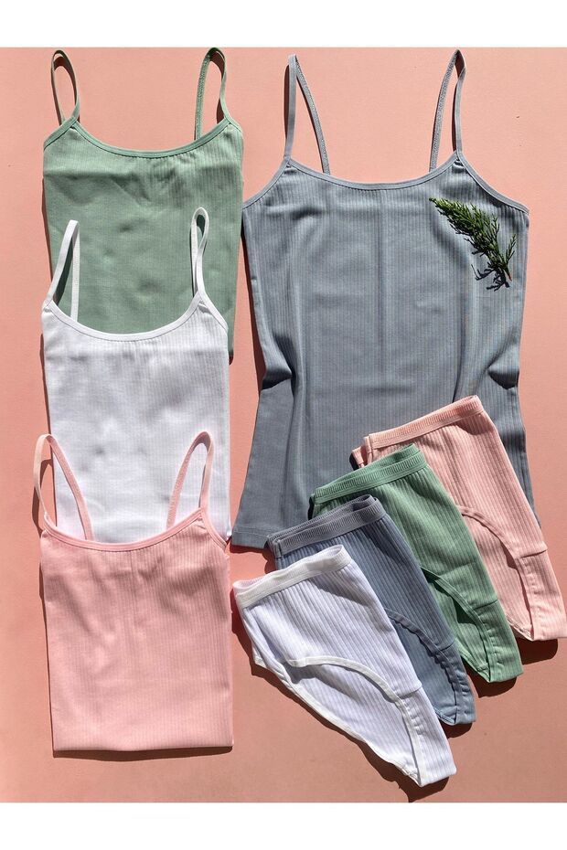 Corded, Cotton, Lycra, 4-Piece White, Green, Pink, Blue Women's Rope Strap Tank Top and Panties Set