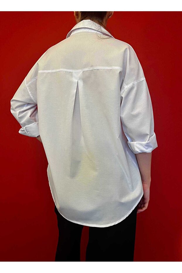 Oversize Uzun Basic Gül Aksesuarlı Gömlek Beyaz - 5