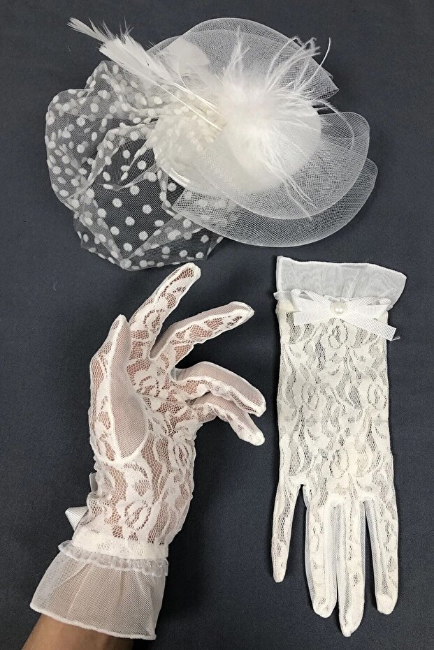 Polka Dot Wedding Kepi and Lace Detailed Bridal Gloves