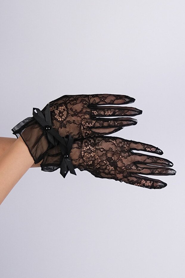 Black Lace Patterned Bridal and Costume Gloves with Ribbon for Special Occasions