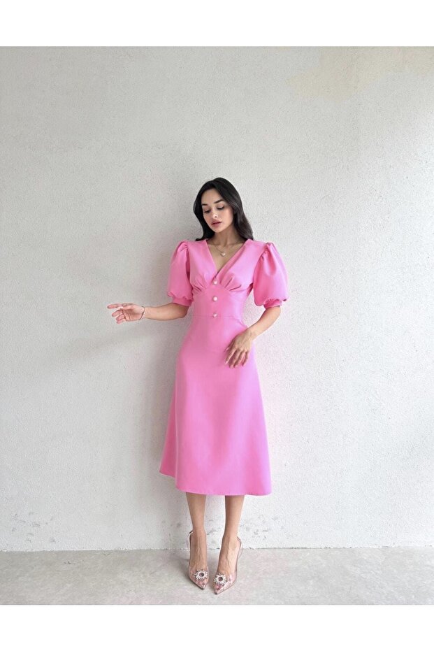 Pembe Inci Düğme Detaylı Yarım Kol Midi Elbise - 3