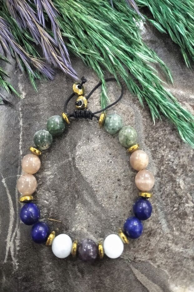 Certified Libra Natural Stone Bracelet: Amethyst, Acumary, Lapis Lazuli, Sun Stone, Green Agate,