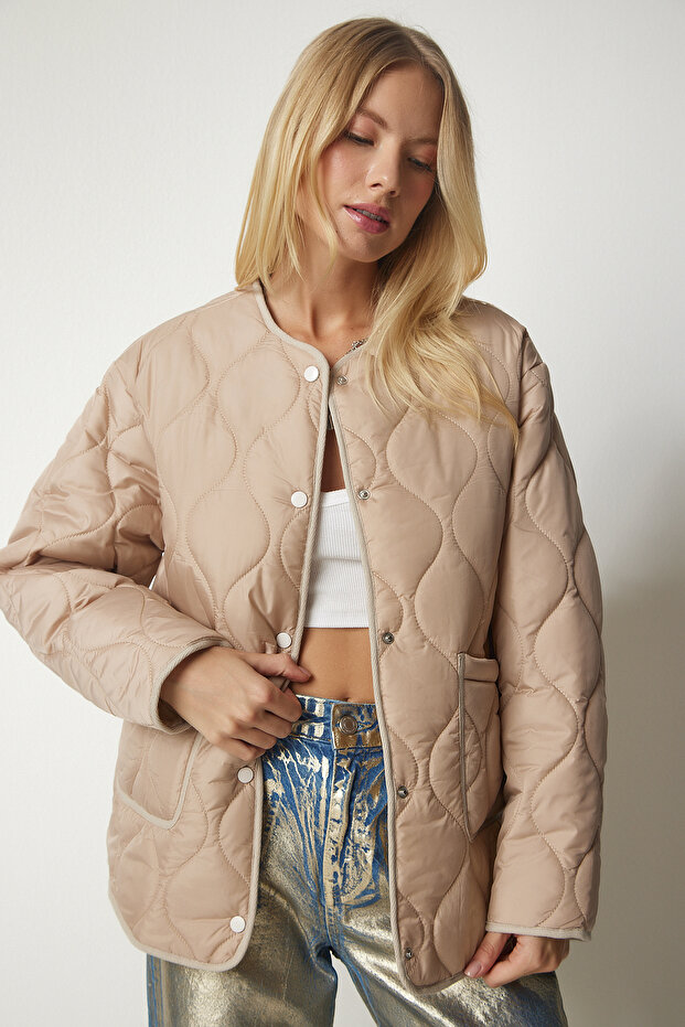 Oversize Quilted Coat with Pockets Cream Ldz0011