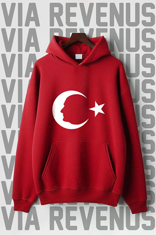Ataturk and Moon Star Printed Kangaroo Pocket 3 Thread Raised Oversize Wide Fit Hooded Sweatshirt