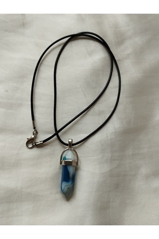Blue Agate Natural Stone Pandula Pendant with Leather Cord