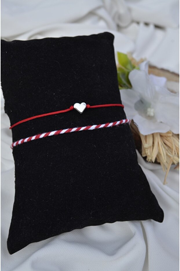 Heart Red String Lucky Bracelet and Marteniçka Set - Silver