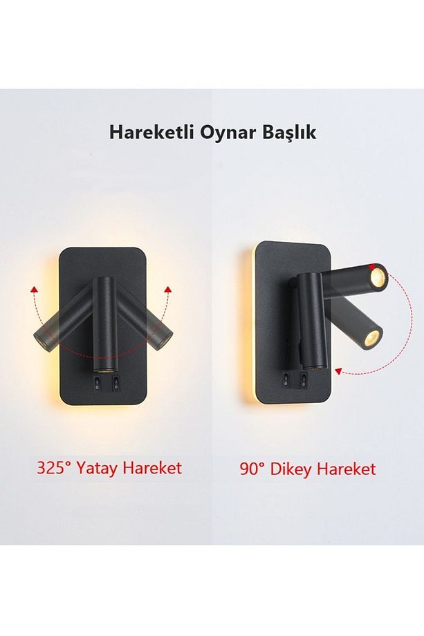 Tuvalu Siyah Çift Kademeli Yatak Başı Led Aplik 13 Watt Gün Işığı Okuma Lambası - 3