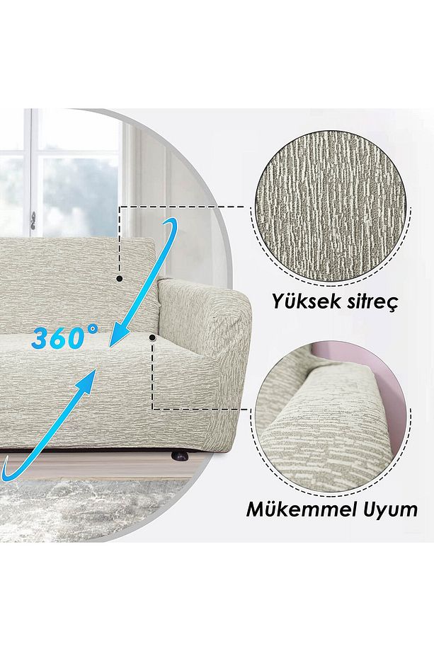 Riseler Jakarlı Düz Desen Likralı Esnek Yikanabilir Koltuk Örtüsü 3+3+1+1 Koltuk Takımı - 4