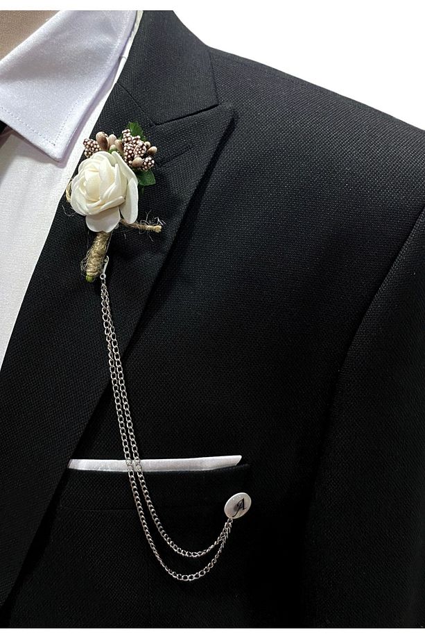 Beyaz Renk Zincirli Damat Yaka Çiçeği ( Kişiselleştirilmiş Harf Seçeneği İle) - 7