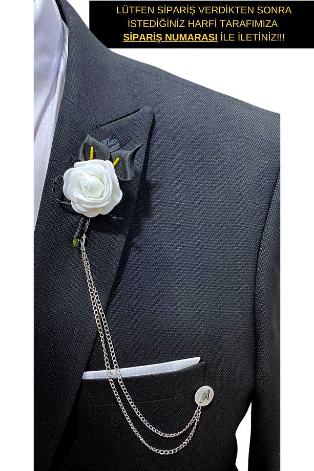 Beyaz Renk Zincirli Damat Yaka Çiçeği ( Kişiselleştirilmiş Harf Seçeneği İle) - 1